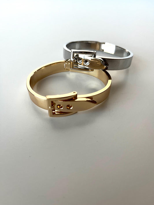 Metal adjustable belt hinged bangle